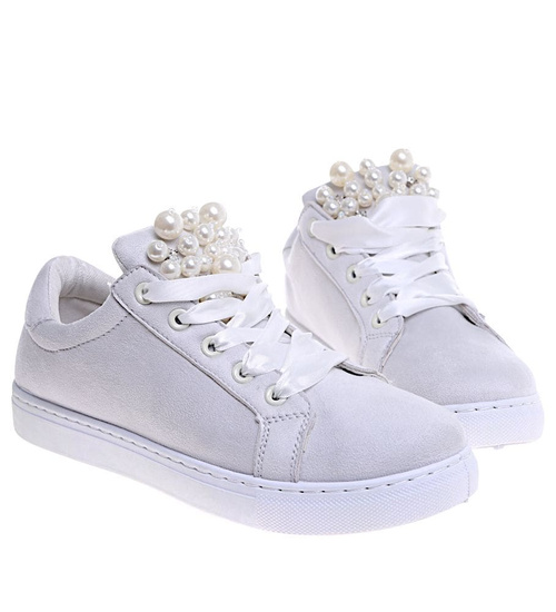 Sznurowane szare trampki damskie z perełkami /F6-3 15952 T185/