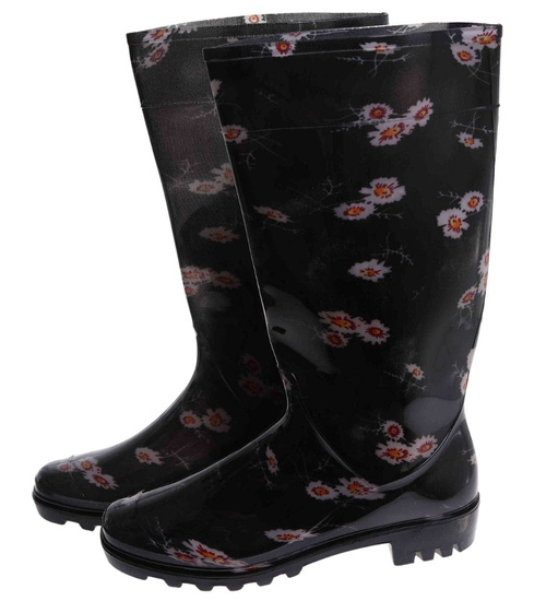 Kalosze damskie Czarne wysokie gumiaki w kwiaty /C3-1 17792 T349/