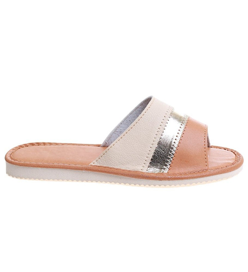 Kapcie damskie Brązowe domowe klapki skórzane /B4-1 10935 S194/