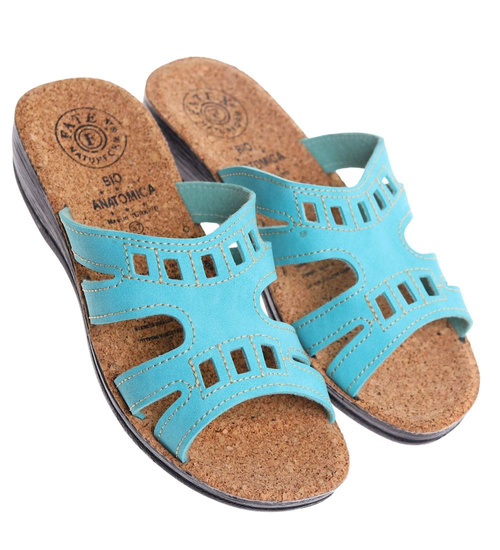 Turkusowe klapki na niskim obcasie /H2 14310 T005/