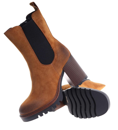 Karmelowe zimowe botki na słupku /L3-2 18592 G288/