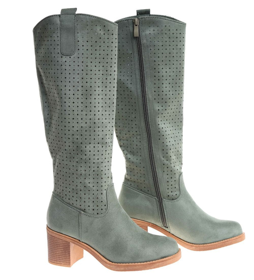 Zielone kozaki damskie na obcasie /L2-3 18599 T381/