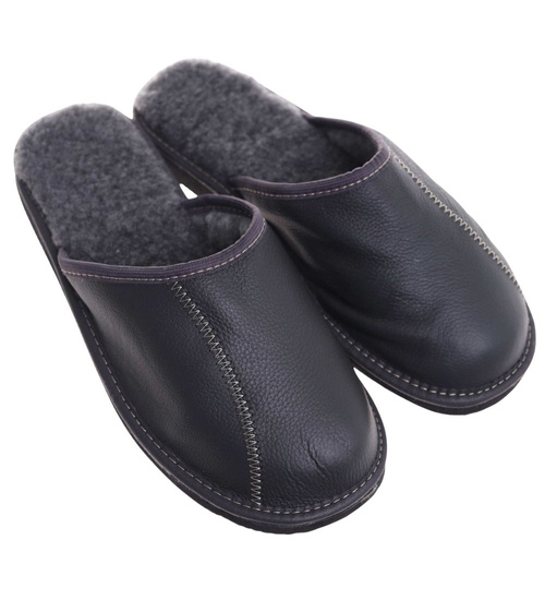 Skórzane kapcie męskie z wełną Szare /D8-1 18467 S197/
