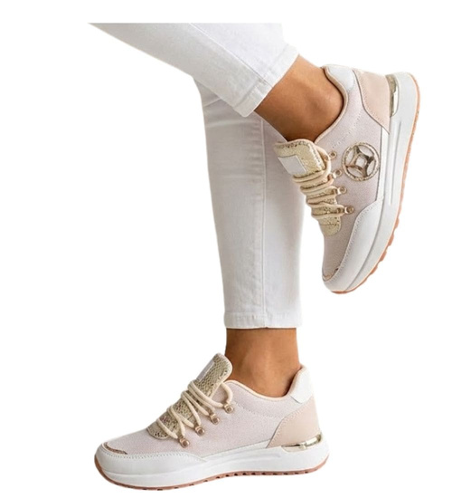 Sznurowane damskie buty sportowe Beżowe /D7-3 12348 T697/