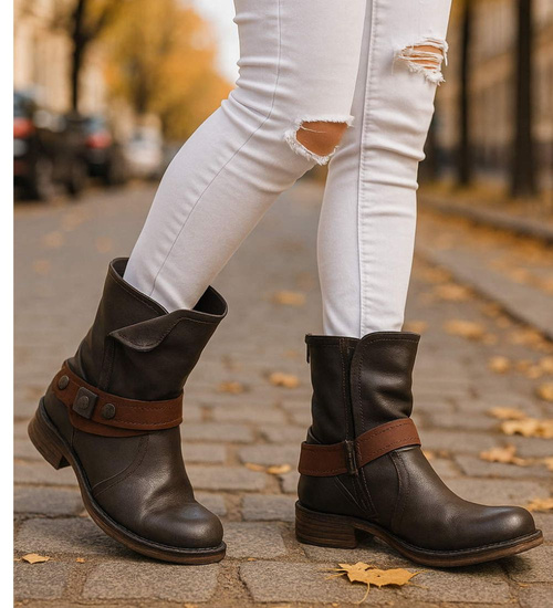 Szare damskie botki na płaskim obcasie /F7-3 12415 T291/