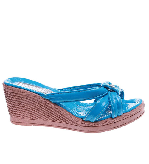 Damskie niebieskie klapki na koturnie i platformie /H2 14317 T005/