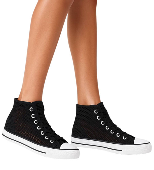 Ażurowe sznurowane trampki damskie Czarne /F1-1 16331 G9-84/