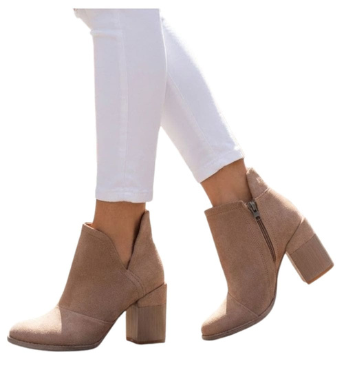 Botki damskie na szerokim słupku Khaki /D1-2 +H2 7050 T198/ 