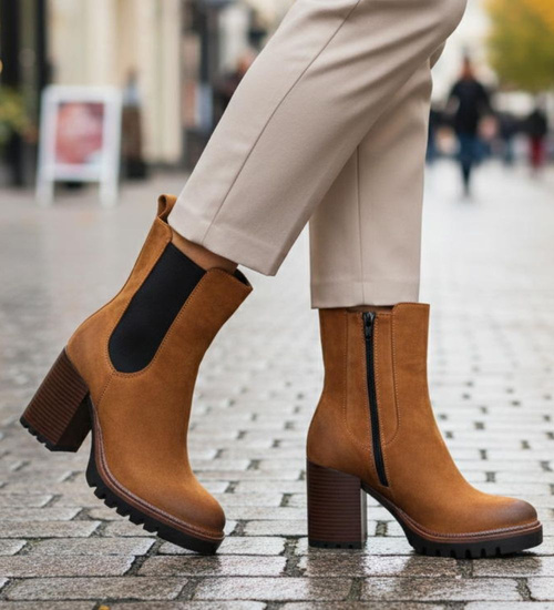 Karmelowe zimowe botki na słupku /L3-2 18592 G288/