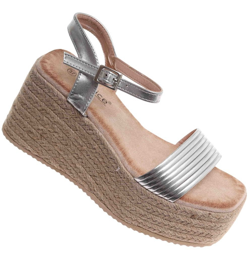 Sandały damskie na koturnie i platformie Srebrne espadryle /A9-1 17868 G187/