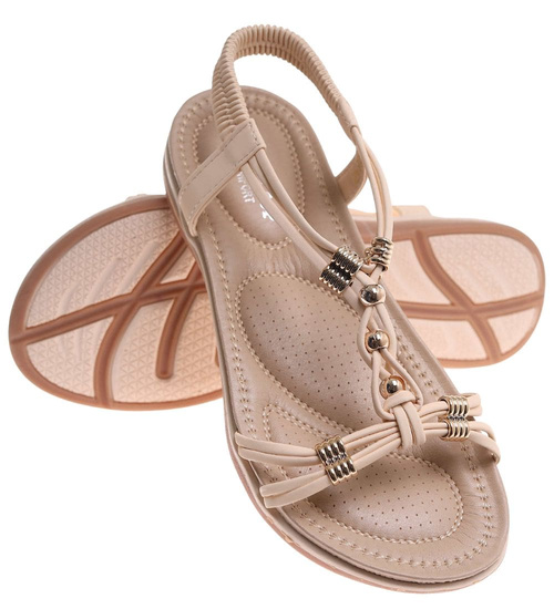 Beżowe paseczkowe sandały damskie wsuwane /E1-2 17916 W235/