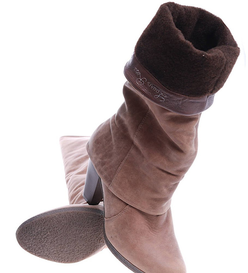 Skórzane kozaki damskie na słupku Khaki /H2 A2-1 SR585/