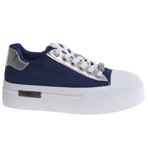 Materiałowe trampki na platformie granatowe /J5-318490 W6/