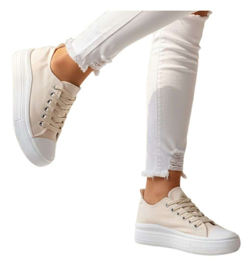 Beżowe materiałowe trampki na platformie /G8-2 14368 S294/