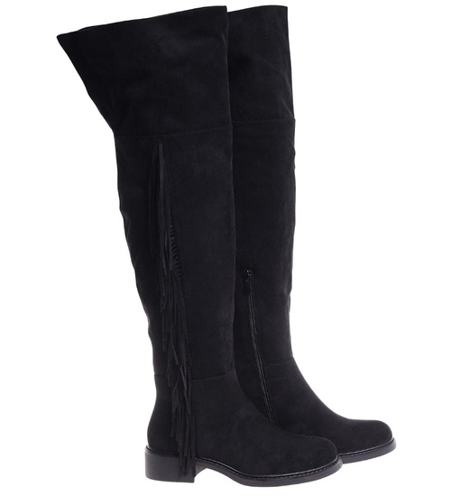 Wysokie czarne kozaki muszkieterki z frędzlami /J6-3 18583 G599/