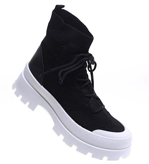 Wiosenne czarne botki z tkaniny na platformie /E1-3 15725 T144/