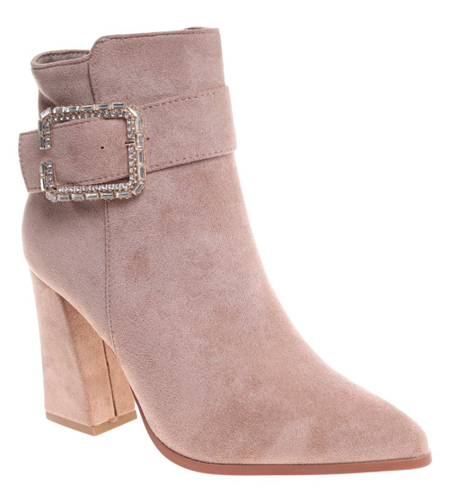 Beżowe klasyczne botki damskie na obcasie /D7-3 18338 T381/