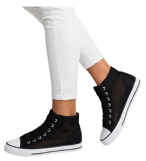 Ażurowe sznurowane trampki damskie Czarne /F1-1 16331 G9-84/