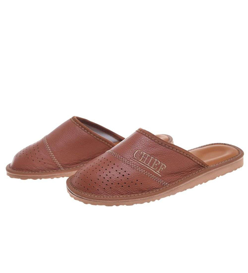 Skórzane kryte klapki domowe Chief brązowe /A2-1 18642 S290/