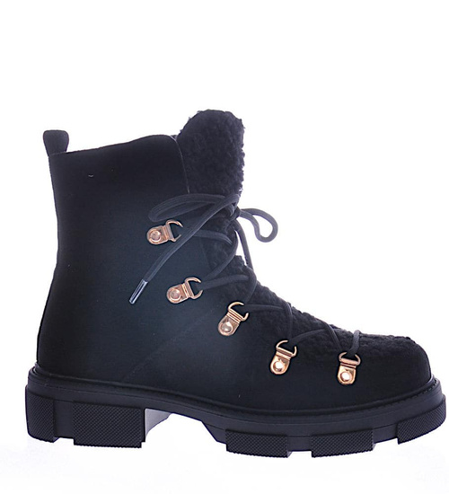 Wysokie botki sztyblety z obszytym kożuszkiem Czarne /G7-3 12599 T916/