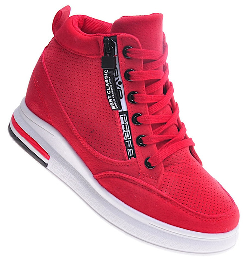 Czerwone sneakersy damskie na ukrytym koturnie /F2-3 10773 T630/