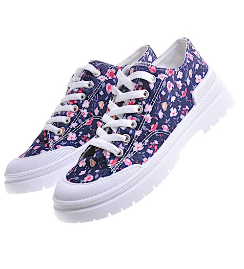 Wiązane trampki w kwiaty Navy /A7-3 11049 T498/