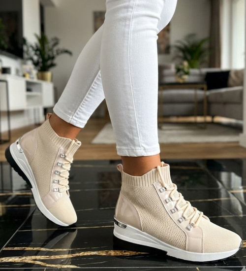 Sznurowane damskie beżowe buty sportowe /B2-3 12234 T394/