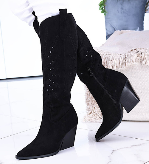 Ażurowe kozaki kowbojki Czarne /E1-1 14758 T992/