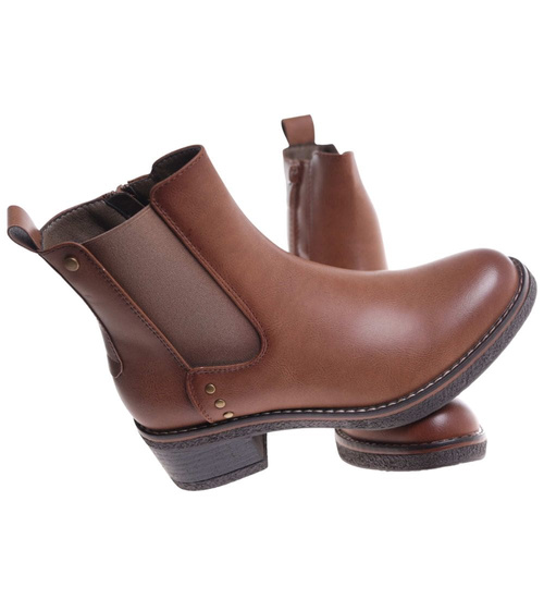 Karmelowe botki sztyblety na płaskim obcasie /A8-3 18415 W484/