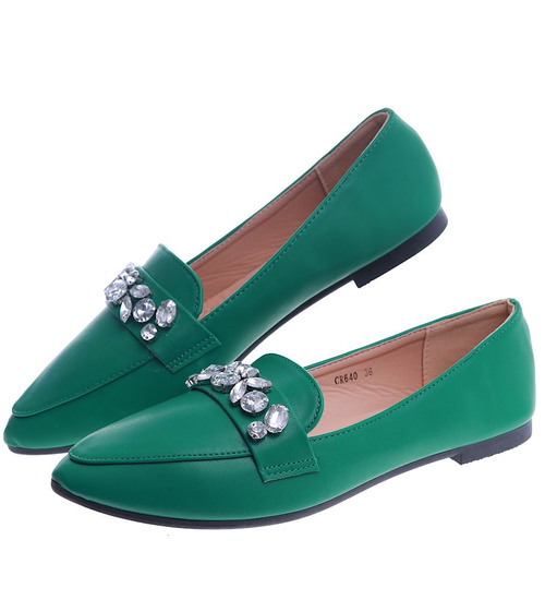 Zielone balerinki lordsy z kamieniami /D6-1 14112 T2/