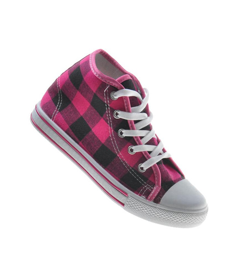 Wysokie damskie trampki z tkaniny w kratkę FUKSJA /F 9-2 7629 S097/