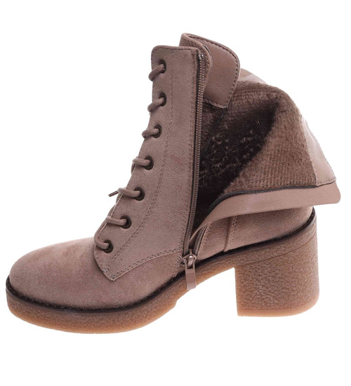 Damskie wiązane botki na obcasie Khaki /F2-1 18232 W431/