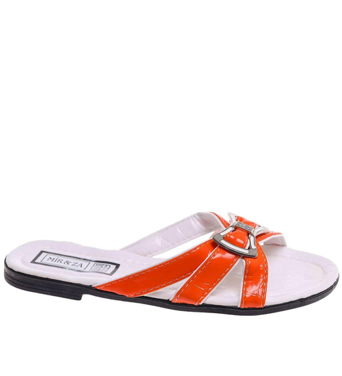 Pomarańczowo białe klapki na płaskim obcasie /H2 14340 T005/