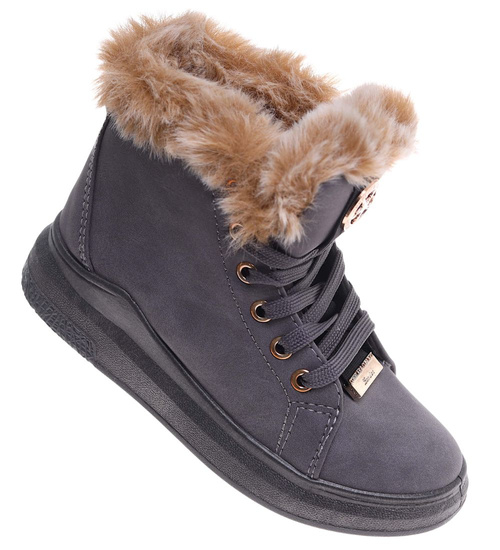 Szare ocieplane botki jak trampki z kożuszkiem /F9-2 15213 S291/