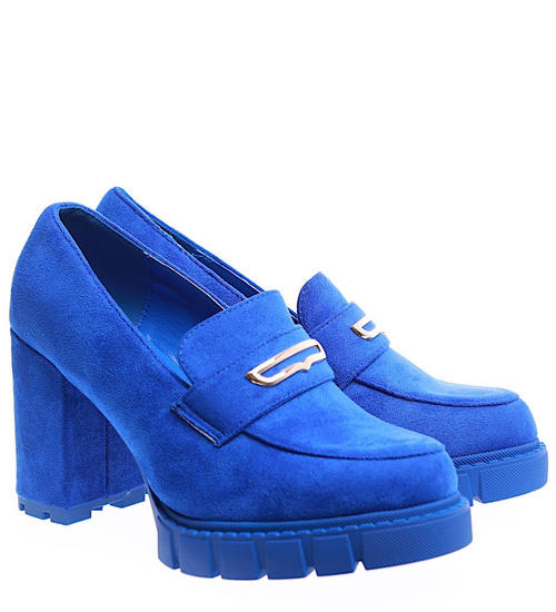 Modne niebieskie czółenka damskie na słupku i platformie /B6-2 15353 S487/