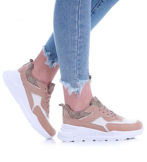 Wiązane sportowe buty damskie Beżowe /A3-3 13908 T299/