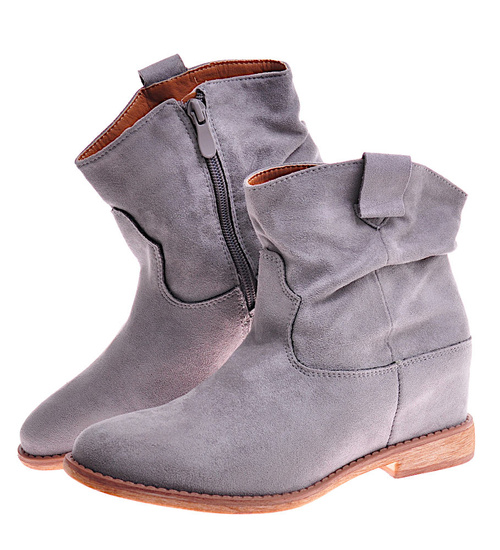 Zamszowe botki damskie na niskim koturnie Szare /D6-3 12260 T296/
