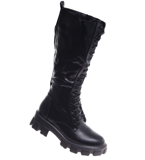 Wysokie wiązane glany damskie Czarne /A9-1 12550 T592/