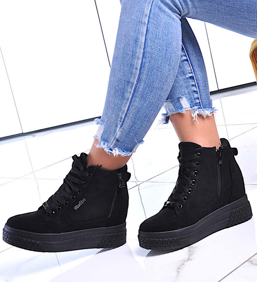 Czarne zamszowe sneakersy na koturnie i platformie /G13-1 12449 T730/