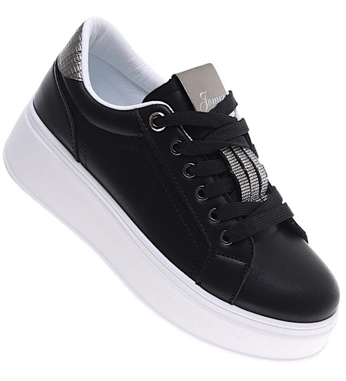 Czarne sznurowane damskie trampki na platformie /F6-2 16234 G360/