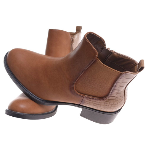 Karmelowe botki sztyblety na płaskim obcasie /K3-2 18508 W233/