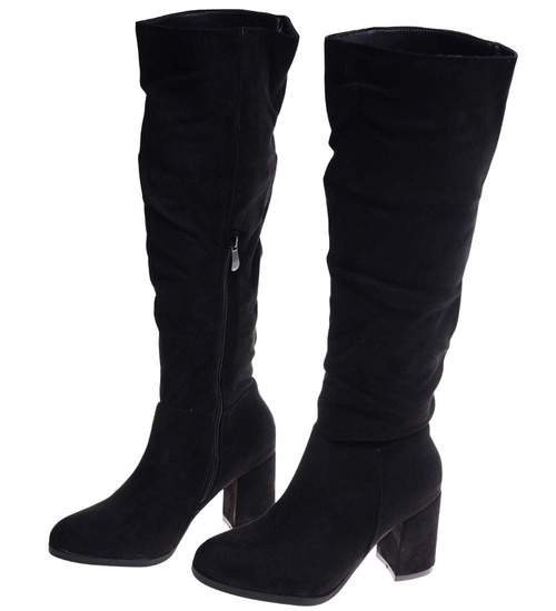 Czarne zamszowe kozaki na obcasie /D8-3 18296 W582/