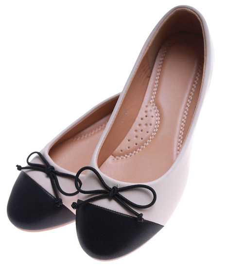 Beżowo czarne baleriny damskie z kokardą /E7-2 17533 G133/