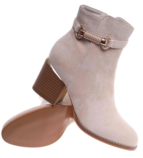 Botki damskie ocieplane na niskim obcasie Beżowe /F2-2 18239 W422/