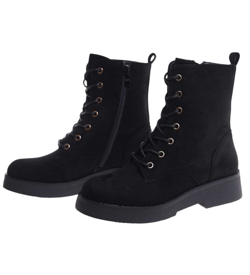 Czarne wiązane botki trapery zamszowe /A1-1 18389 W485/