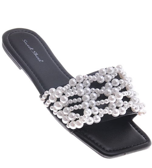 Czarne damskie klapki z perełkami /G8-2 12151 T192/