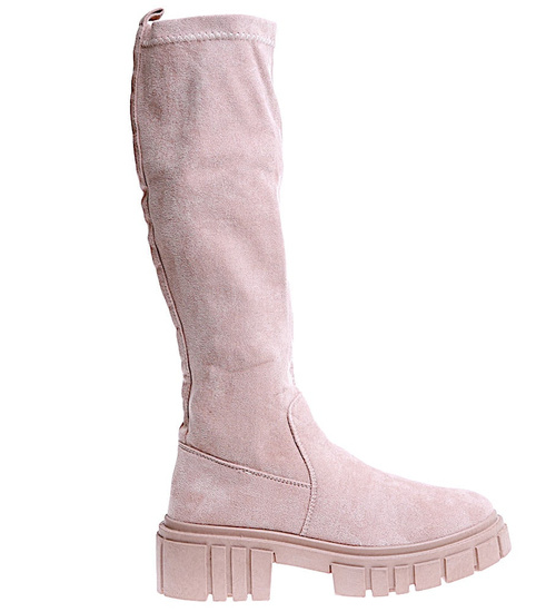 Beżowe kozaki damskie na platformie /E9-2 15217 T592/