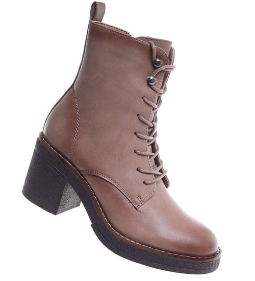 Sznurowane botki workery na obcasie Khaki /i4-3h2 18407 W385/