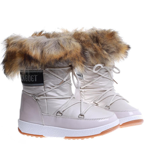 Grubo ocieplane beżowe śniegowce damskie na z futerkiem /E1-3 15399 T434/