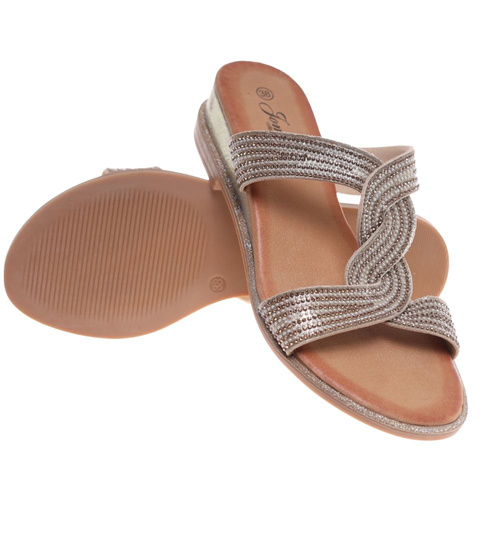 Złote klapki na niskim obcasie ost508